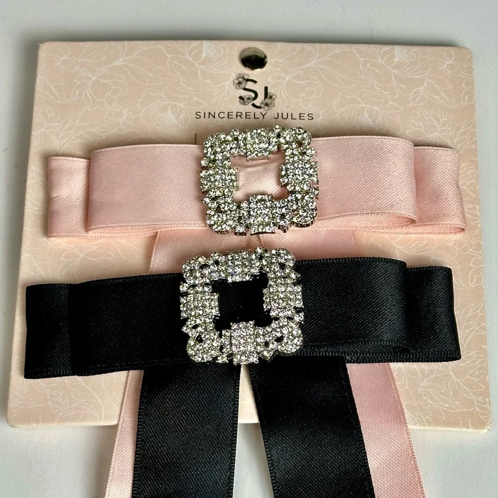 Sincerely Jules Set of 2 Rhinestone & Satin Hair Bows  Black & Pink. NEW